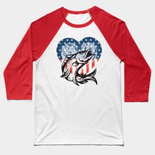 America Loves Bass Fishing (patriotic Heart + bass) Baseball T-Shirt